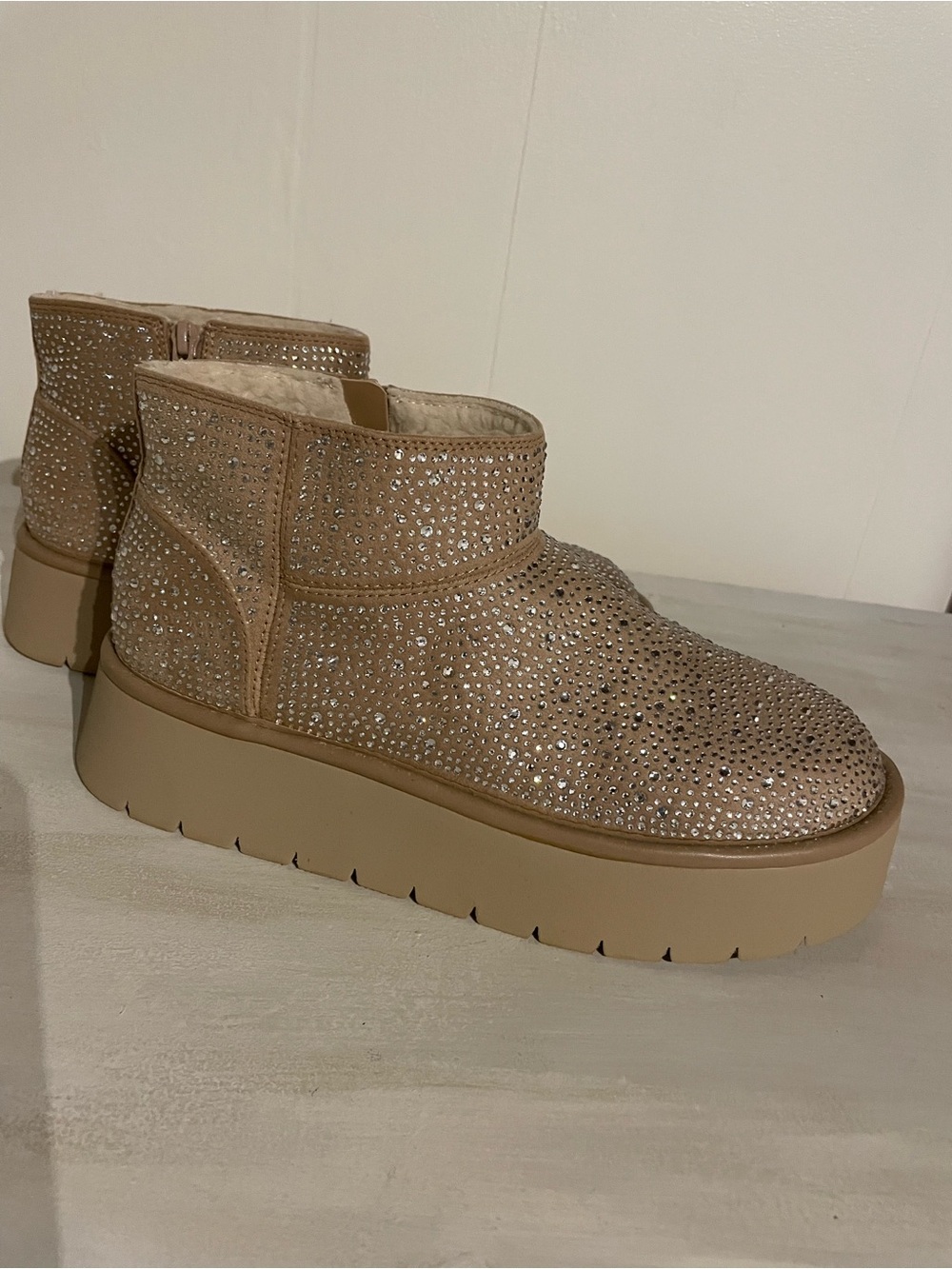 Wild Fable, Embellished/Sparkle, Tan Platform Ankle Boots, Sherpa Lining, 8, NWT